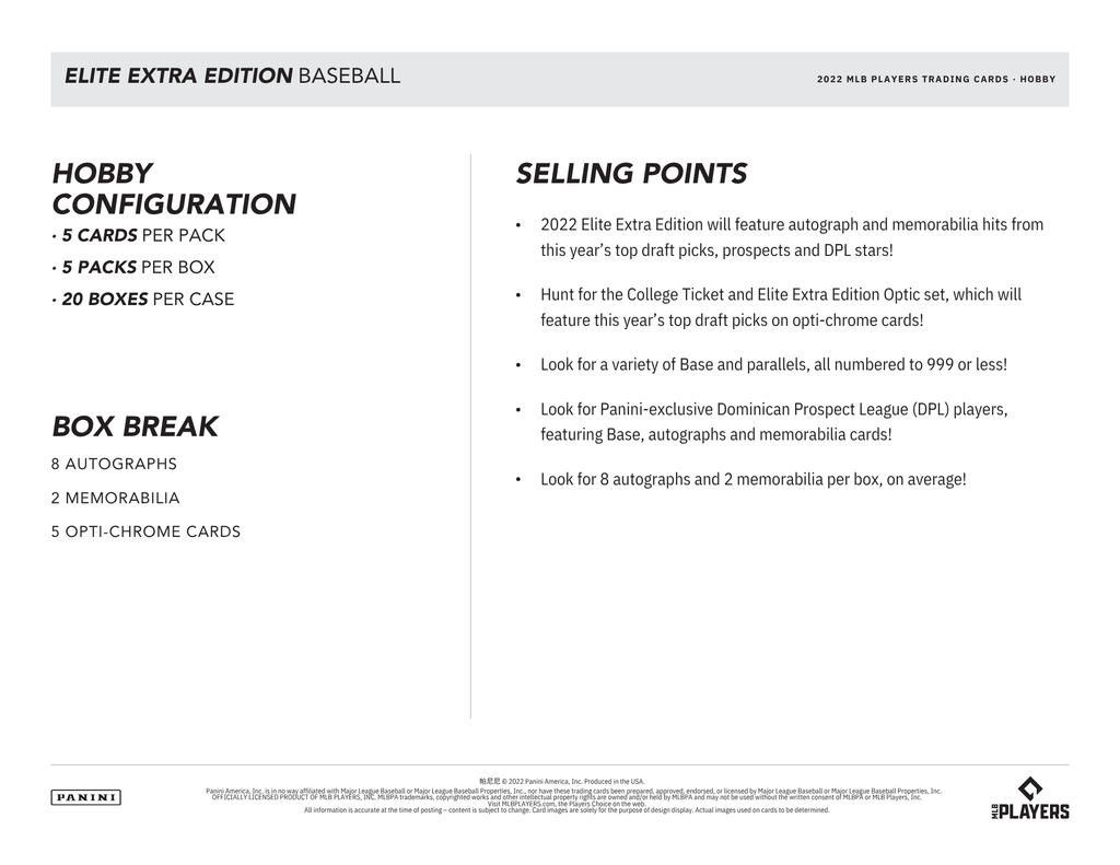 2022 Panini Elite Extra Edition Baseball 1st Off The Line Hobby Box