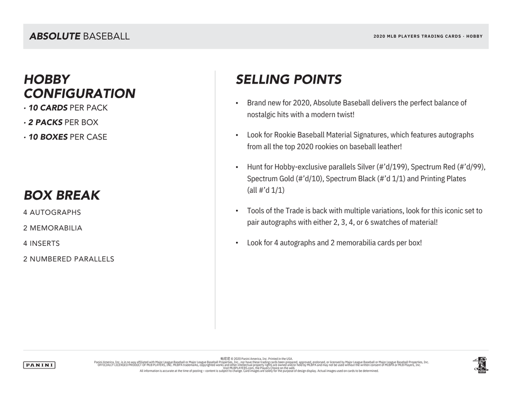 2020 Panini Absolute Baseball Hobby Box